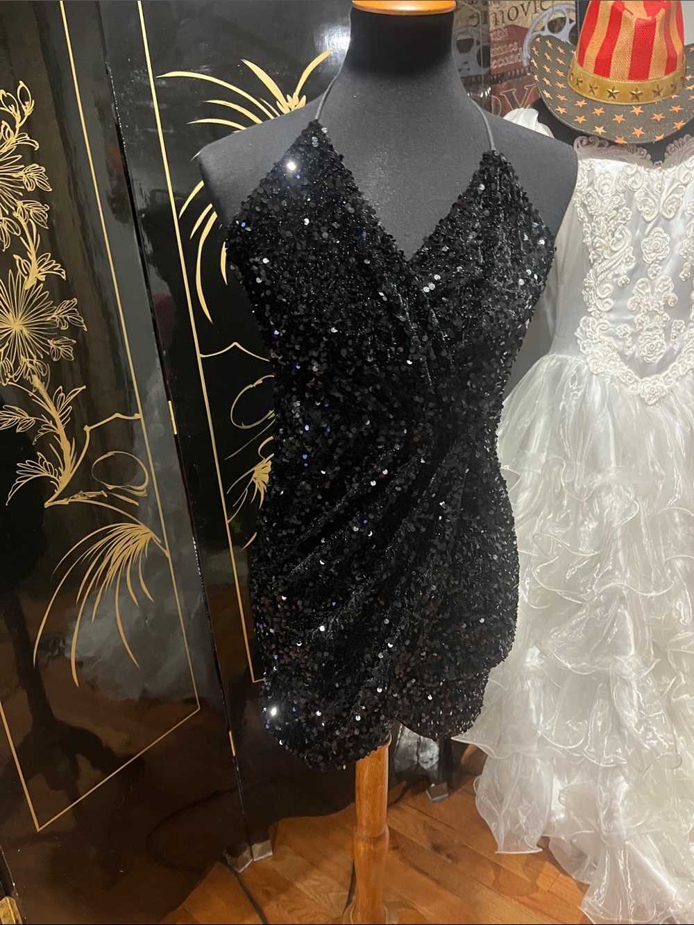 Black Sequin Wrap Mini Dress